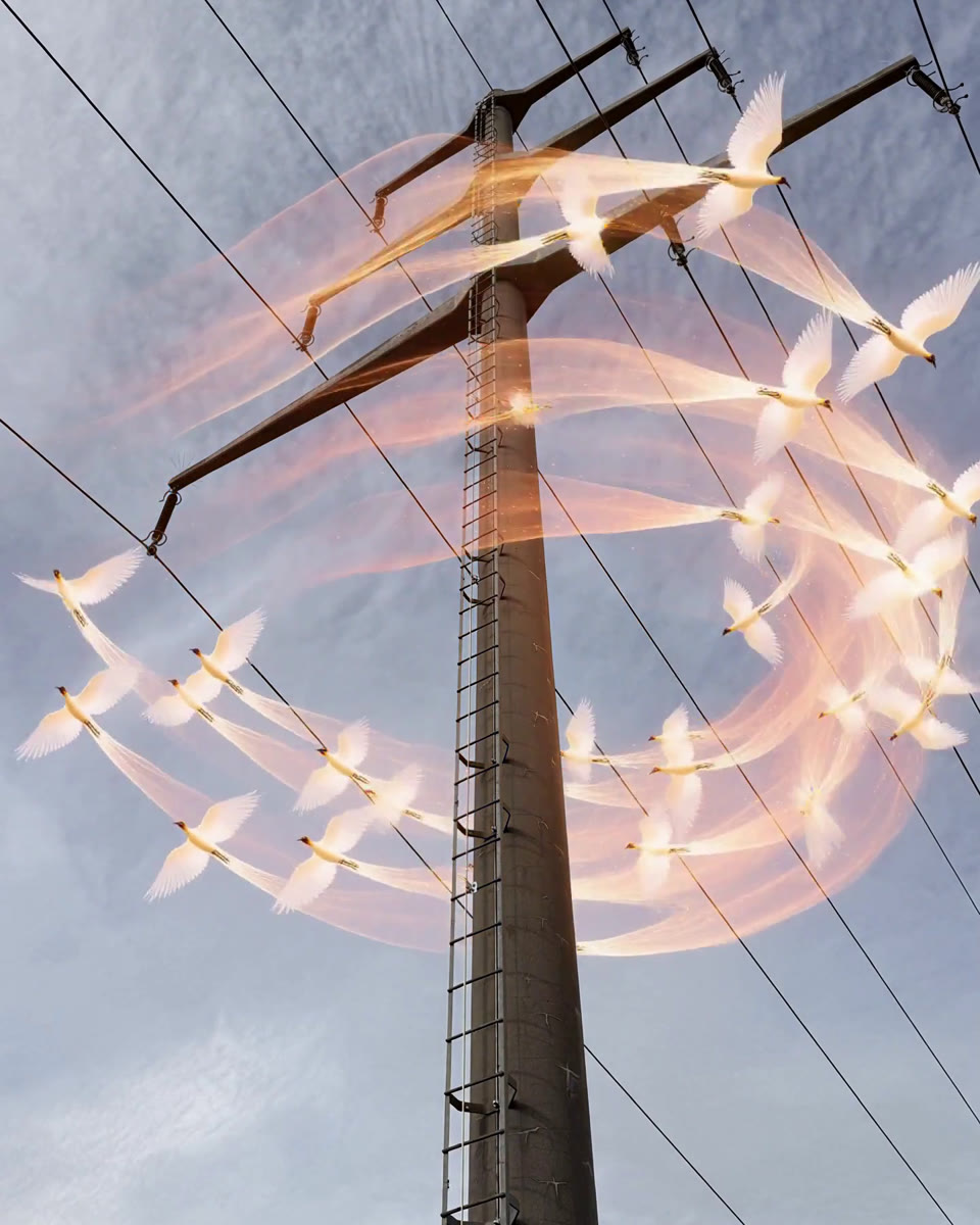 Translucent golden and rose birds with silky tails flying in spirals around a concrete power pylon under a cloudy sky