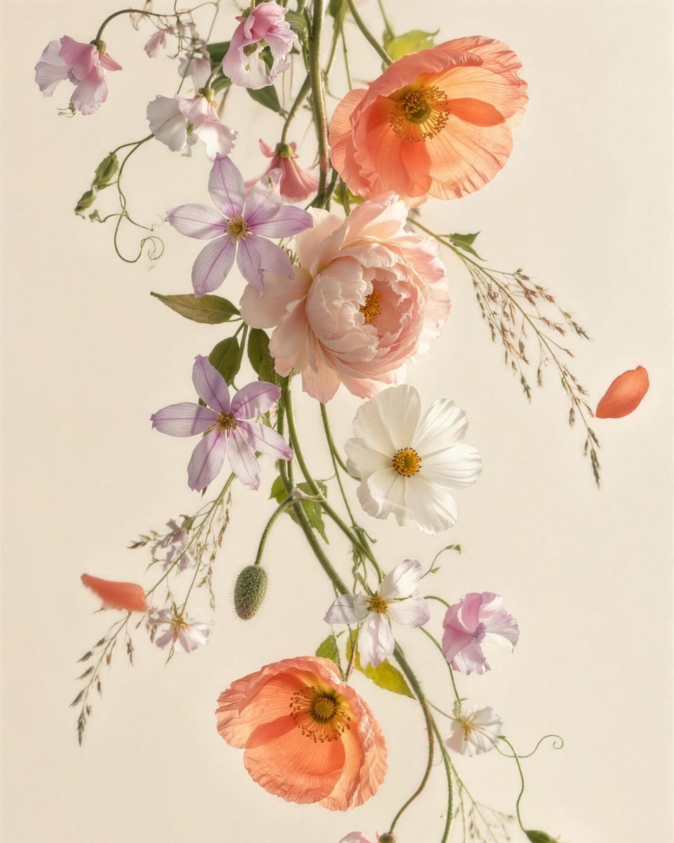 A hanging garland of coral poppies, a blush peony, lilac clematis, white cosmos and sweet peas on a warm cream background, with loose petals drifting
