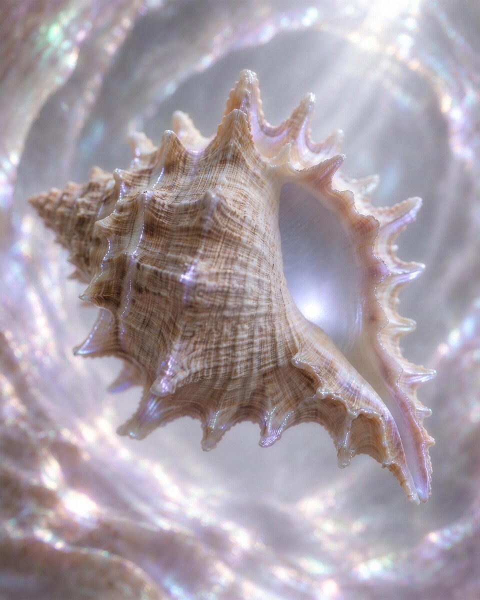 An ancient spiny sand-coloured shell floating in iridescent mother-of-pearl light, its opening softly glowing