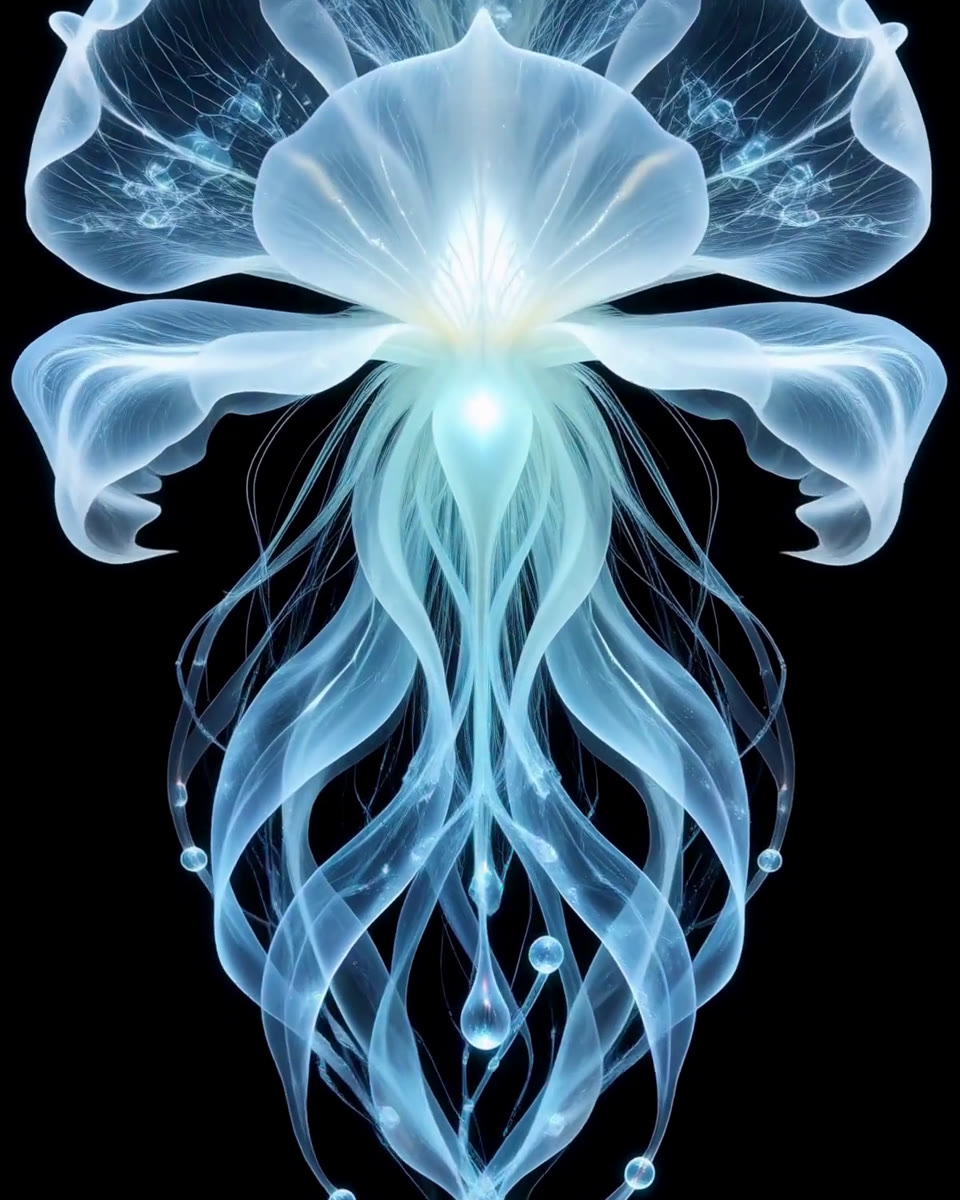A pale blue translucent organic form glowing from its core, with petal-like membranes and trailing tendrils, on black