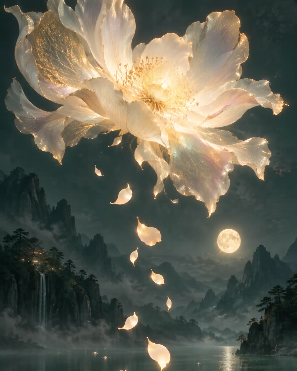 Glowing ivory lotus petals floating on a dark lake under a full moon, with misty mountains behind