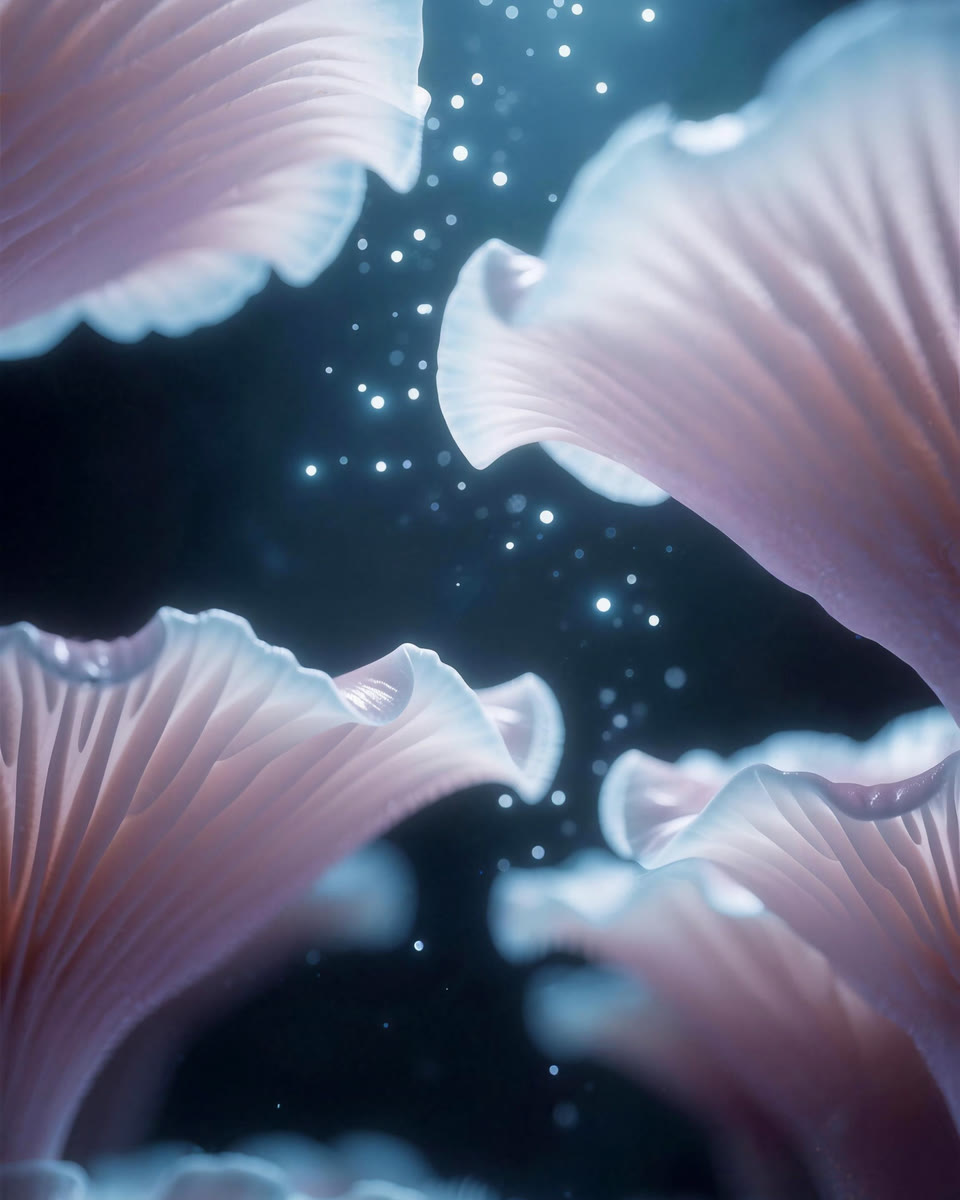 Translucent pale lavender fungi with ruffled, frosted edges and fine gills, glowing spores rising between them in the dark
