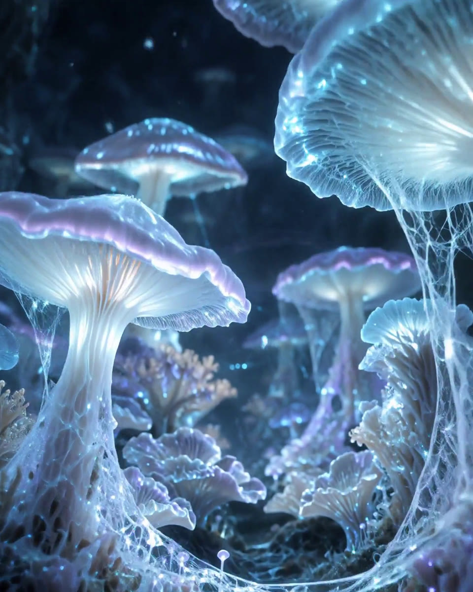 Translucent glowing mushrooms in aqua, ice blue and lavender, joined by threads of light, in a dark misty forest