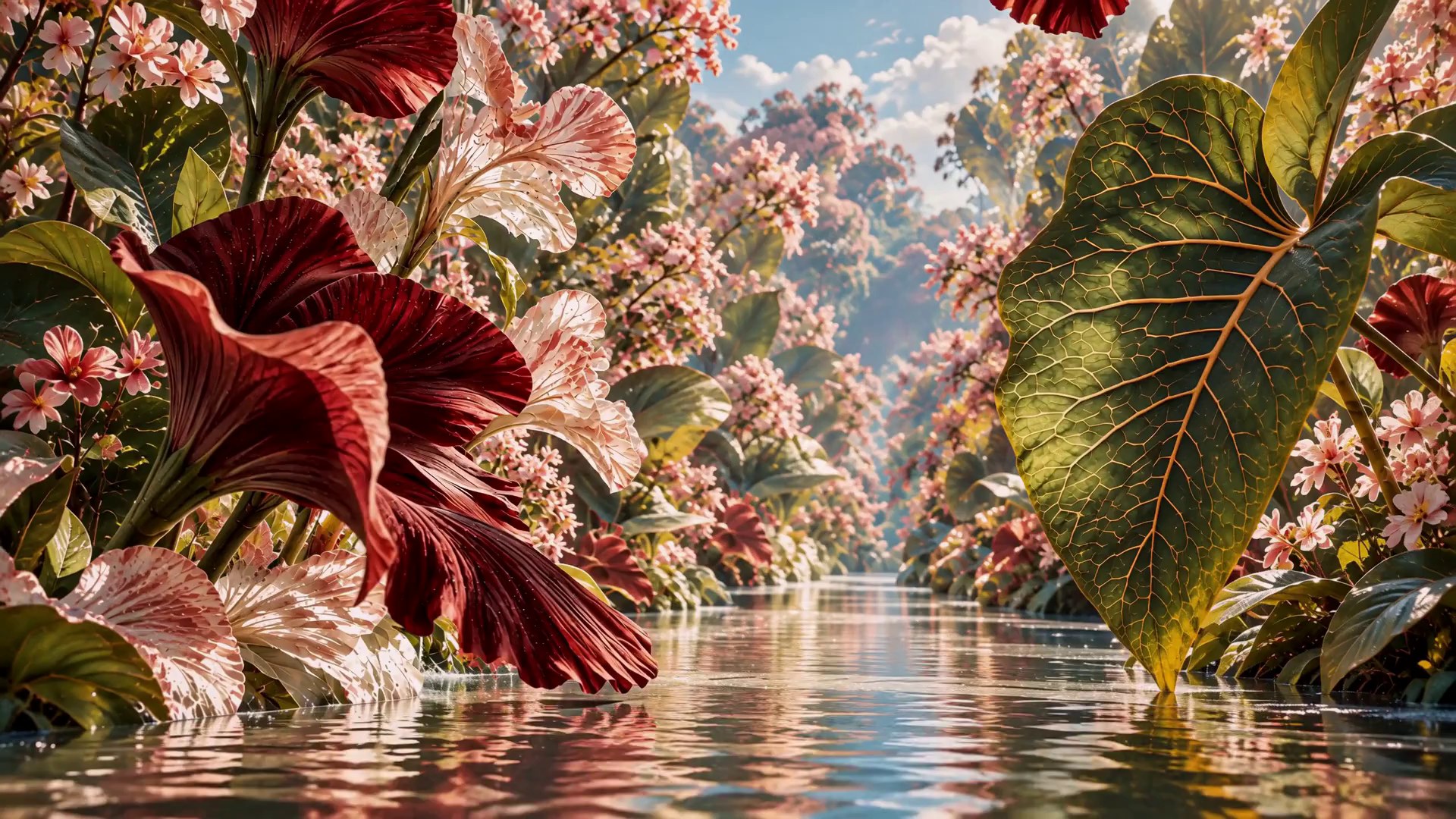 Sculptural burgundy and blush flowers rise above a reflective garden pool.