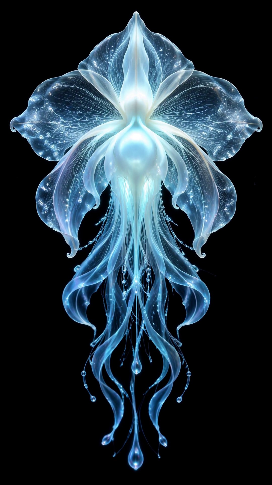 A translucent orchid-like bloom with a pearl-like centre and long glowing tendrils on black.