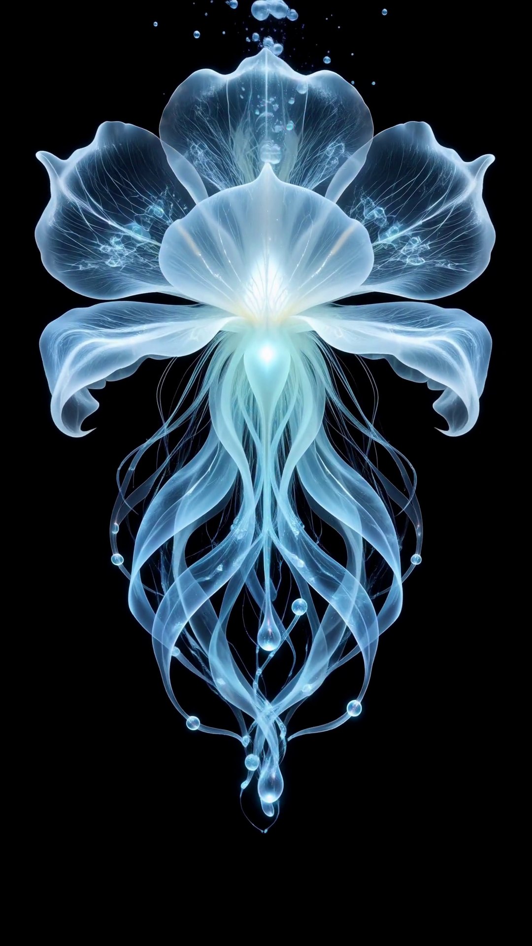 A softly opening translucent bloom with drifting tendrils and tiny rising bubbles on black.