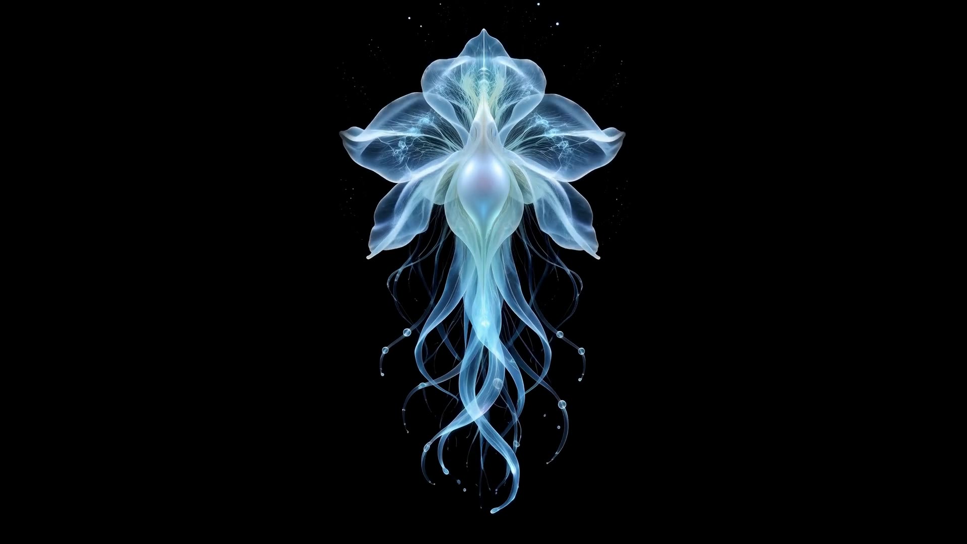 A translucent orchid-like form with long flowing tendrils floats in deep darkness.