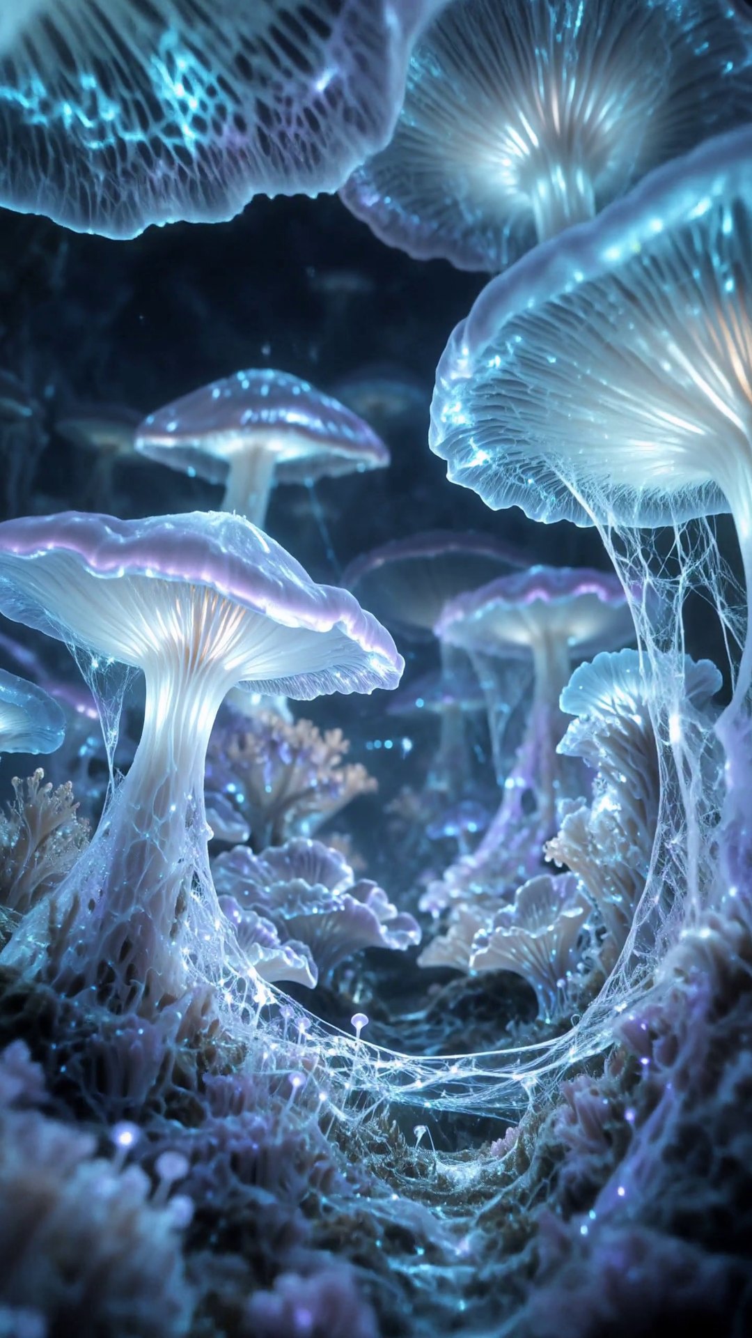 Translucent glowing mushrooms rise above a forest floor woven with luminous threads of mycelium.
