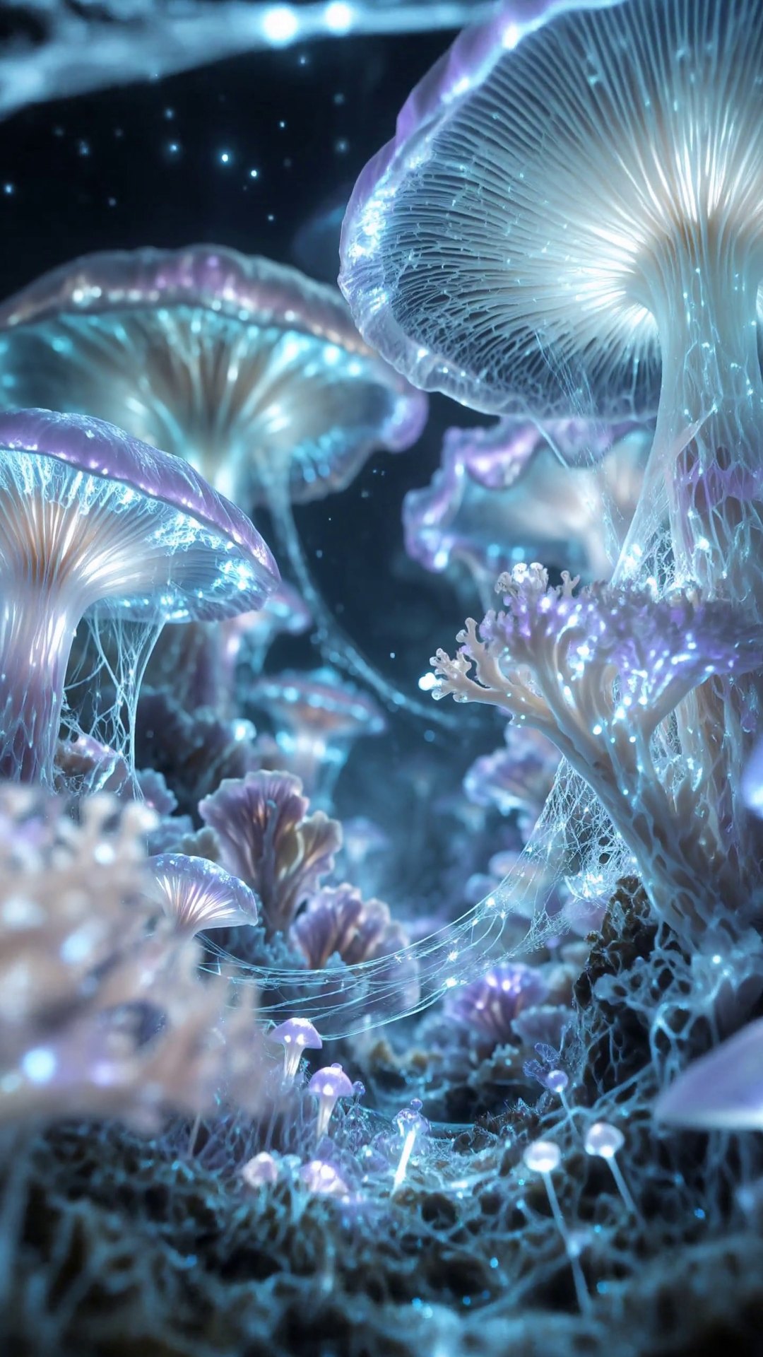 Close view of pearl-like mushroom gills, coral-like fungi and tiny glowing sprouts in a dark, starlit underground world.