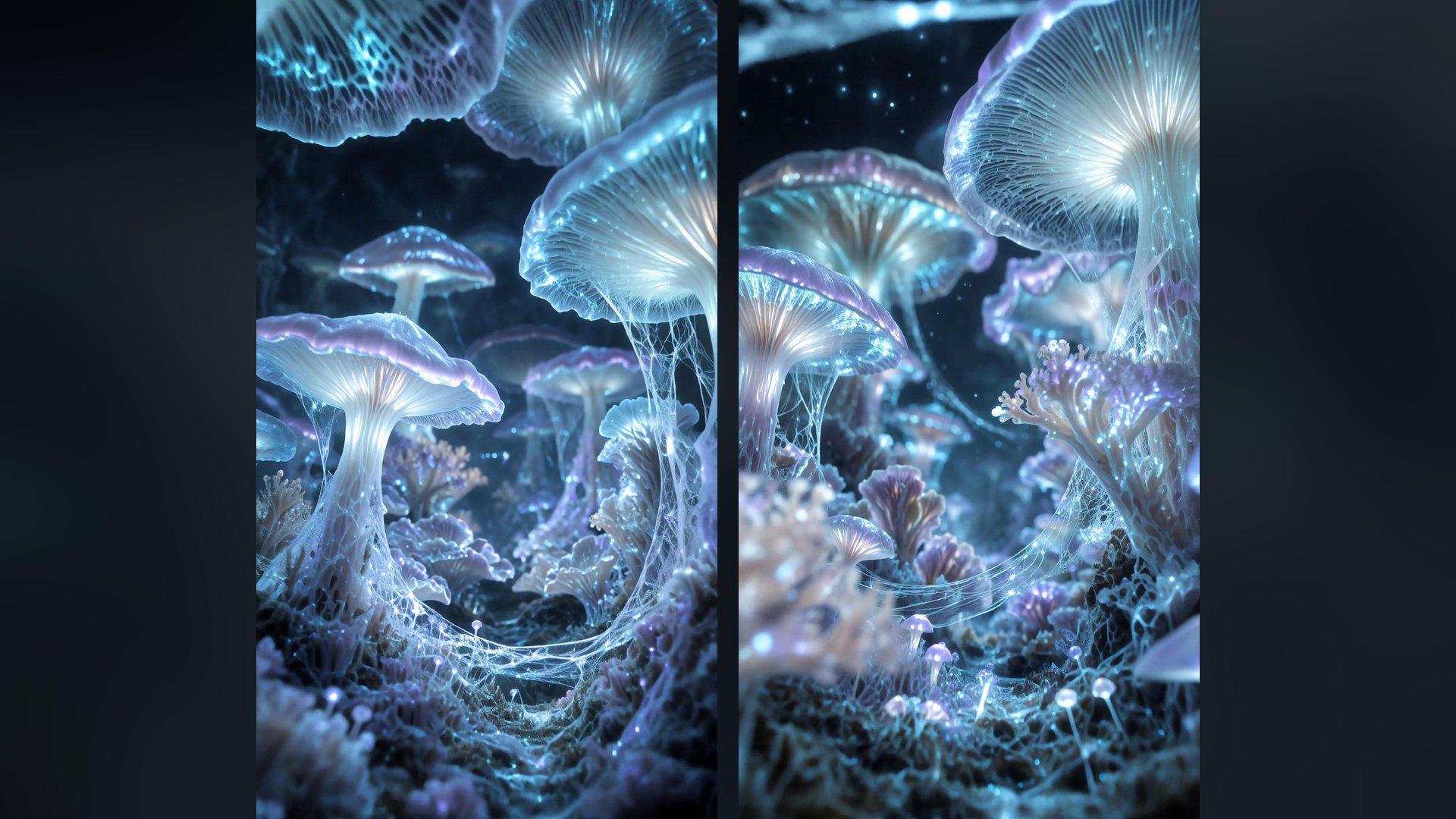 Two vertical panels of a glowing underground world: translucent mushrooms with pearl-like gills, joined by fine luminous threads of mycelium.
