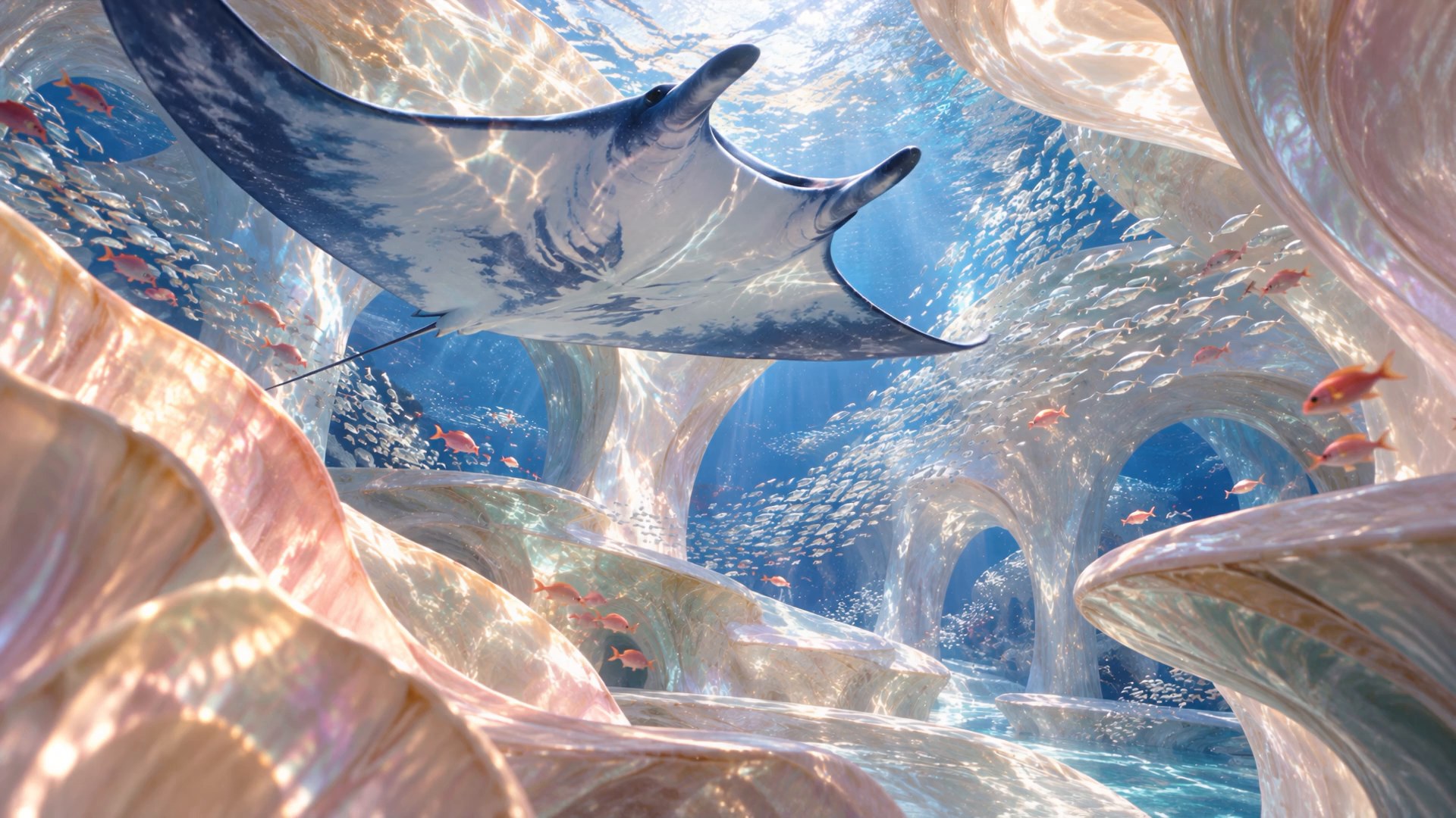 A manta ray glides among pearlescent architectural forms in an imagined underwater sanctuary.